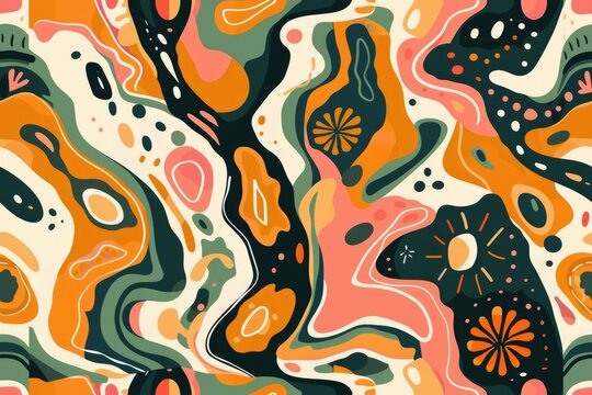 Psychedelic Abstract Pattern with Retro Color Palette and Fluid Shapes