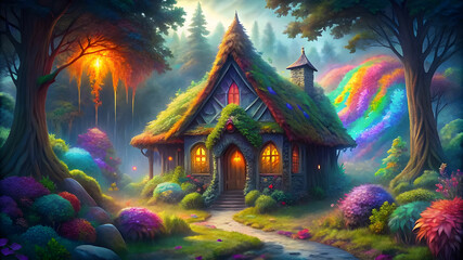 Fototapeta premium A detailed and whimsical illustration of a Dreamy house constructed entirely from soft, colorful feathers.
