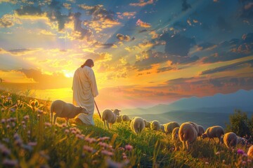 Fototapeta premium A person standing among a group of sheep in a green field, suitable for rural or agricultural themes
