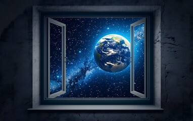 Ultra realistic earth inside window with blue space background Ultra-Realistic and Background Concept