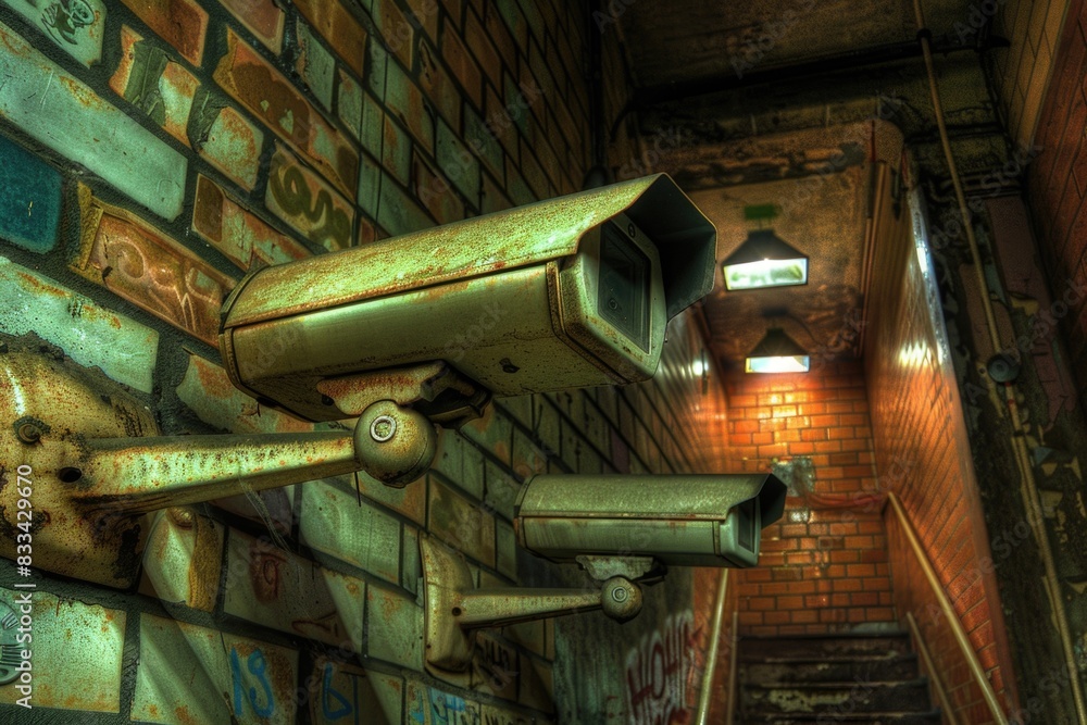 Poster exterior view of a building with multiple camera mounts on the side