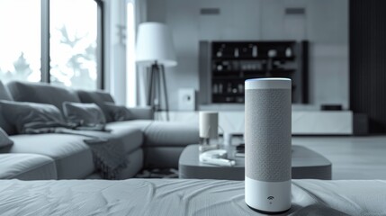 Modern smart speaker on a coffee table in a stylish living room, showcasing contemporary home automation technology and interior design.