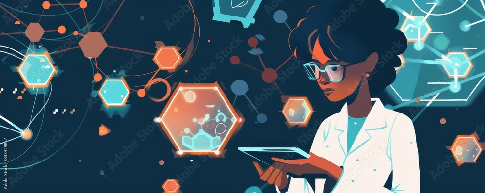 Poster scientist analyzing data on tablet in futuristic lab with molecular structures and holographic eleme