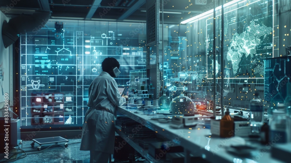 Poster scientist in a high-tech lab analyzing data on futuristic screens, representing advanced technology 