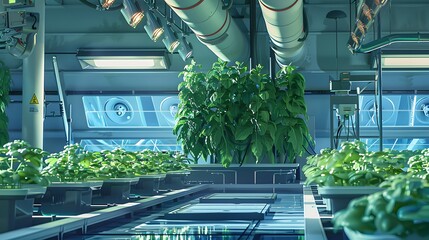 Illustrate an advanced hydroponic farm where plants grow in nutrient-rich solutions, managed by AI-driven systems for maximum yield