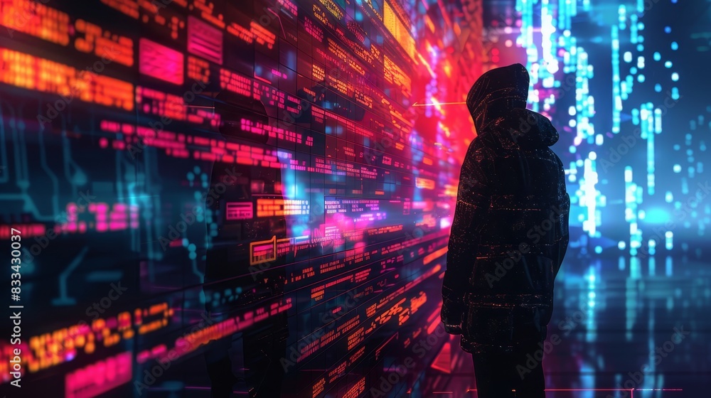 Poster silhouette of a person in a hoodie standing in front of a digital screen with colorful graphics, rep