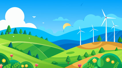 Obraz premium Vibrant Eco-Friendly Wind Farm Landscape Under Clear Skies