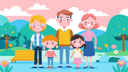 Happy Cartoon Family Enjoying a Sunny Day in the Park
