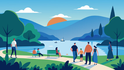 Serene Lakeside Park with People Enjoying Outdoor Activities