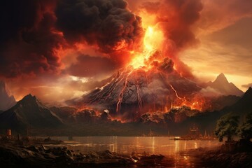 Dramatic digital artwork of a volcano eruption with fiery lava flows and ash clouds