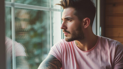 person with pink shirt and tattoos looking out window