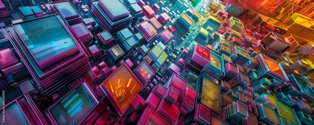 Poster vibrant geometric abstract art with colorful, layered 3d shapes creating a dynamic, futuristic scene