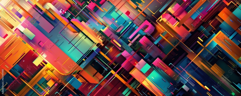 Poster vibrant geometric abstract with colorful overlapping shapes creating a lively, modern design. ideal 