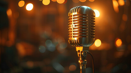 Vintage metal microphone on abstract blurred background, left free space for text. Retro microphone on stage with bokeh light