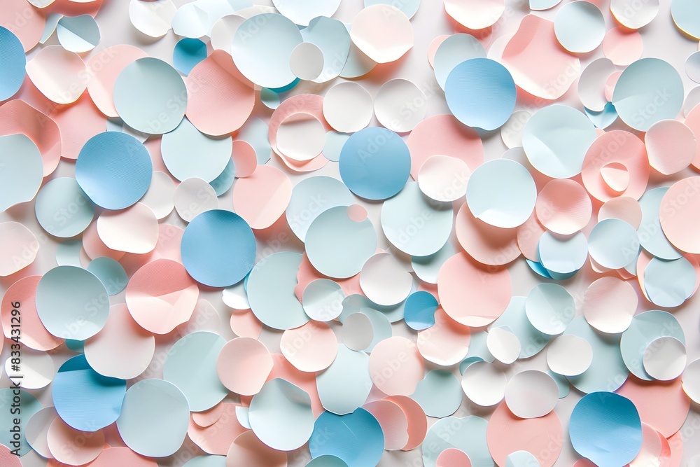 Poster a background of pastel pink, blue and white round paper cutouts scattered across the canvas, creatin