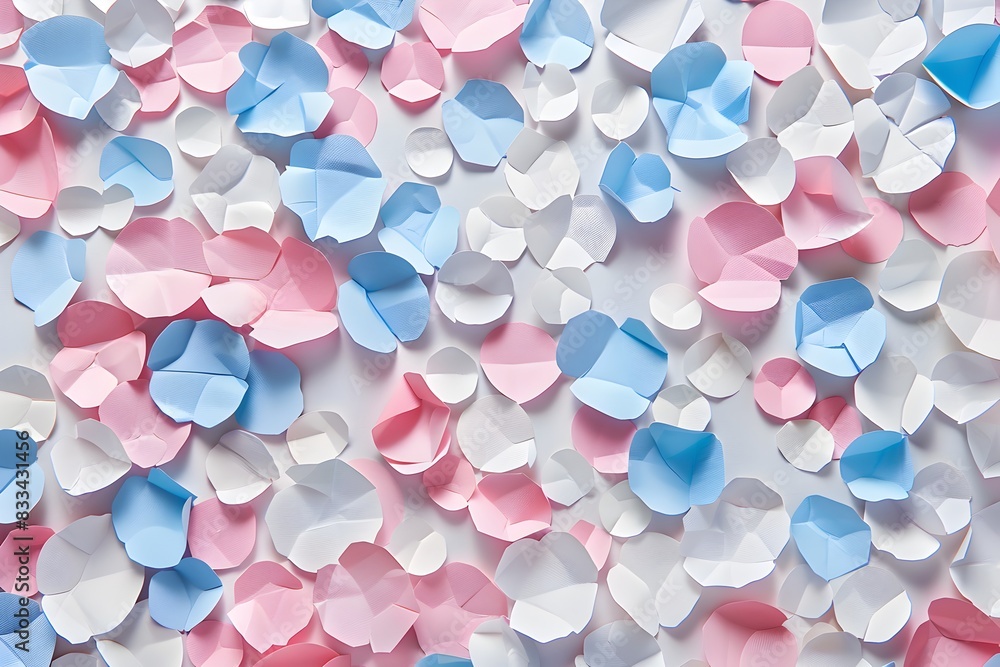 Poster a background of pastel pink, blue and white round paper cutouts scattered across the canvas, creatin