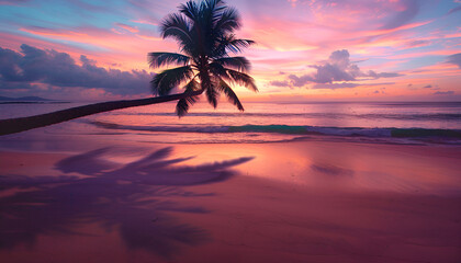 shadow of a palm tree in a beautiful sunset on a beach with a perfect sky