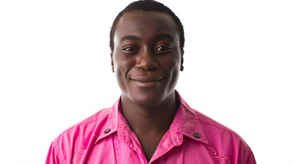 African american man wearing a pink shirt, smiling at the camera during a video call at home...