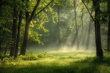 Fototapeta premium A tranquil forest clearing bathed in the soft light of dawn, with mist rising from the forest floor and the first rays of sunlight filtering through the trees, illuminating the lush greenery below.