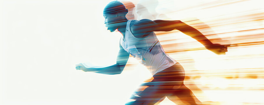 Dynamic runner, eye-catching poster for a track and field event. Striking image of a runner in motion, with vibrant colors and a bold, energetic.