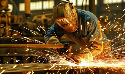 Worker using circular saw on steel in factory with sparks and trails. AI