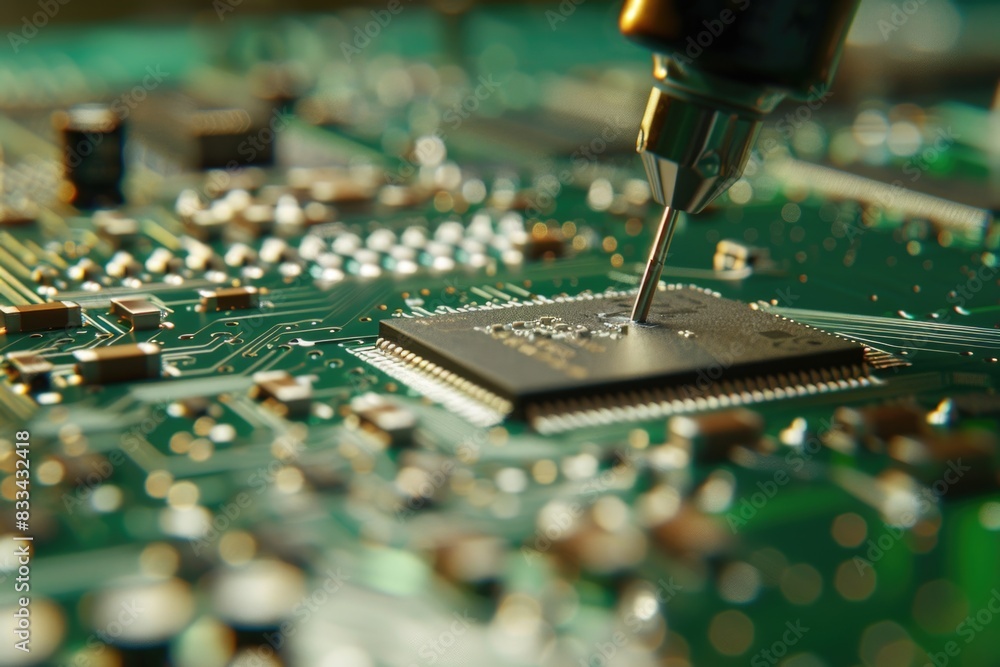 Poster high-resolution image of a computer chip on a motherboard, ideal for use in technology-related conte