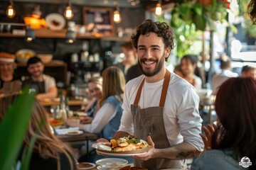 A person serving himself at a table in a dining establishment, possibly waiting for friends or enjoying a meal alone