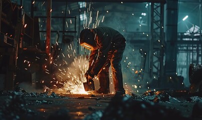 Welder in factory using grinding stone on steel with sparks and trails. AI