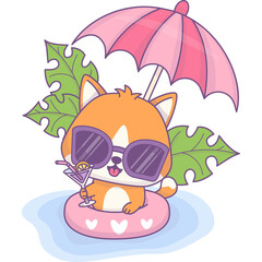Cat in sunglasses swims in rubber circle under sun umbrella