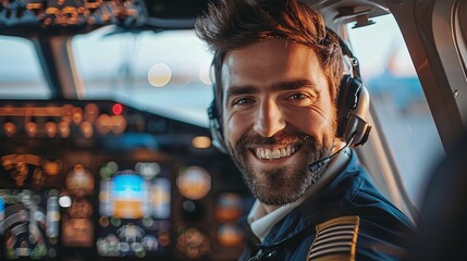 Portrait of smiling pilot in airplane cockpit.
