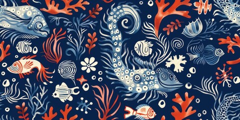 a image of a blue and red pattern with fish and corals
