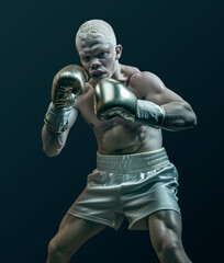 Albinos boxer. Close-up portrait of a professional albinos boxer. Professional boxing. Boxer ready to punch. Cinematic boxing. Boxer in action. Fitness and boxing concept. 