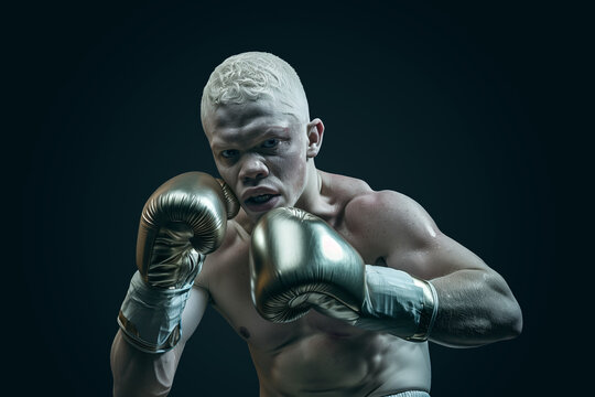 Albinos boxer. Close-up portrait of a professional albinos boxer. Professional boxing. Boxer ready to punch. Cinematic boxing. Boxer in action. Fitness and boxing concept. 