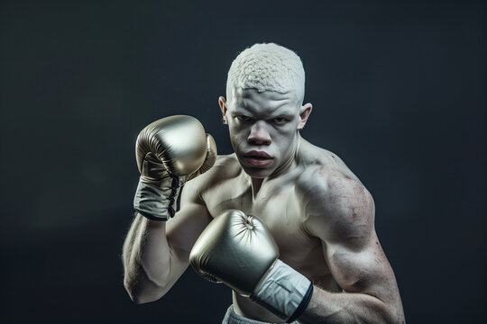 Albinos boxer. Close-up portrait of a professional albinos boxer. Professional boxing. Boxer ready to punch. Cinematic boxing. Boxer in action. Fitness and boxing concept. 
