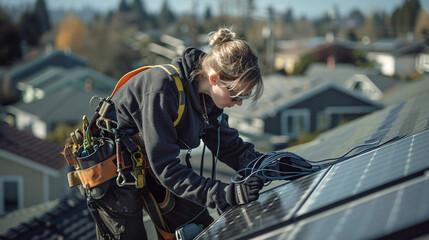 A woman is working on a solar panel. She is wearing a safety harness and is focused on her task