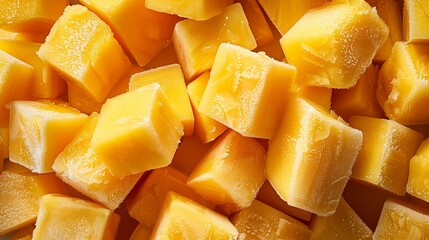 Frozen Diced Mango Pieces in Close-Up, Capturing Their Frosty Texture and Bright Orange Hue