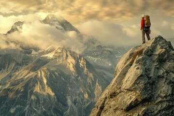 A person standing at the summit of a mountain, with breathtaking scenery in the background