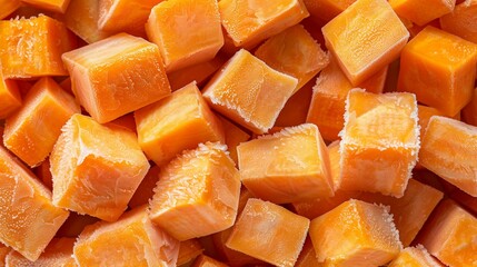 Freshly Frozen Sweet Potato Chunks Arranged in a Neat Pile, Top-Down Perspective