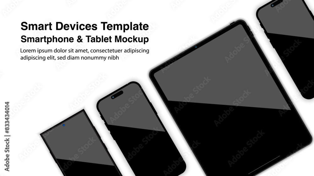 Poster modern tablet computer and smartphone mockups, with front views of realistic smart mobile phones and
