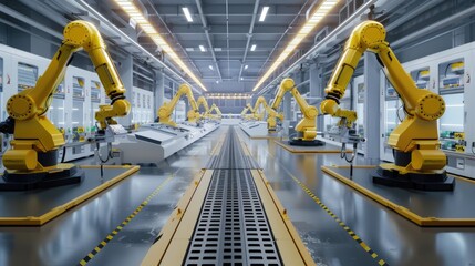 Advanced High Precision Robot Arms Inside Modern Electronics Factory
