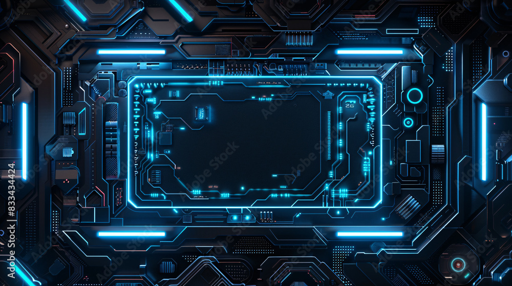 Poster a computer chip with a blue background. the chip is empty and has no visible contents. the blue back