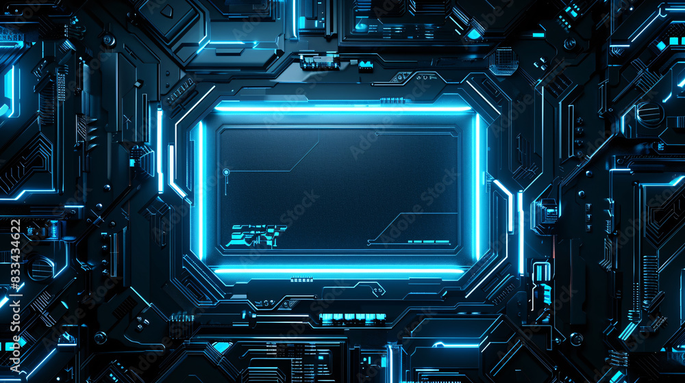 Poster a computer chip with a blue background. the chip is empty and has no visible contents. the blue back