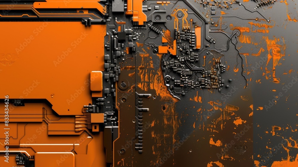 Aufkleber this is the close-up image of a computer chip. the chip is orange and black. the surface of the chip