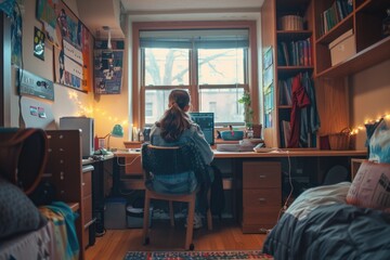 A woman sits at a desk facing a window with natural light and possibly a scenic view