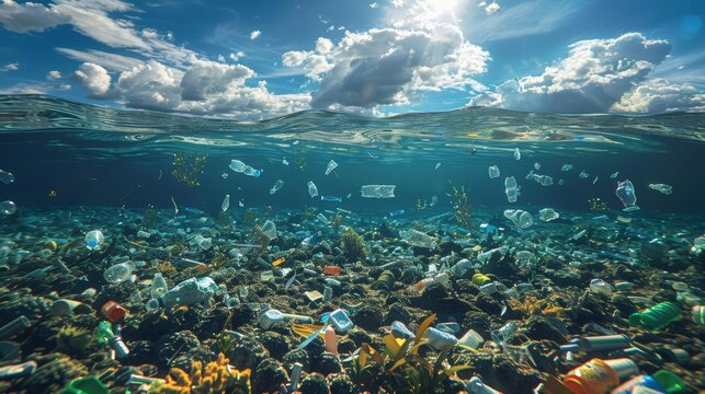 An ocean scene with plastic waste floating on the surface, highlighting the devastating effects of marine pollution