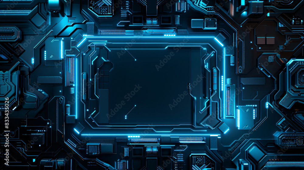 Poster a computer chip with a blue background. the chip is empty and has no visible contents. the blue back