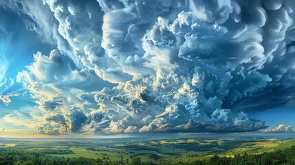 A cloudy, stormy sky over the landscape. It symbolizes the extreme weather conditions due to global warming.