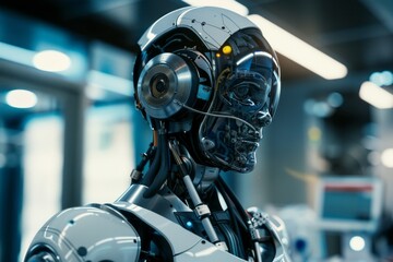 Fototapeta premium Human and AI Symbiosis in Advanced Urban Landscapes. Futuristic Background with Smart Robots and Androids.