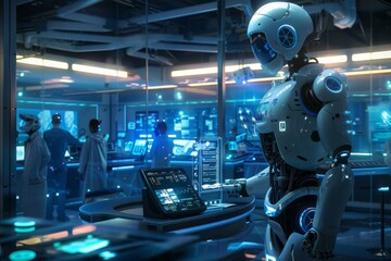 Fototapeta premium Human and AI Symbiosis in Advanced Urban Landscapes. Futuristic Background with Smart Robots and Androids.