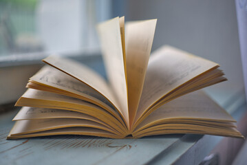 Photo of open book on windowsill.